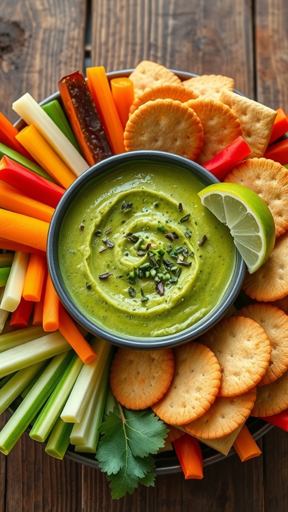 A green bowl of Snack Verde dip with vegetable sticks and crackers on a wooden table.